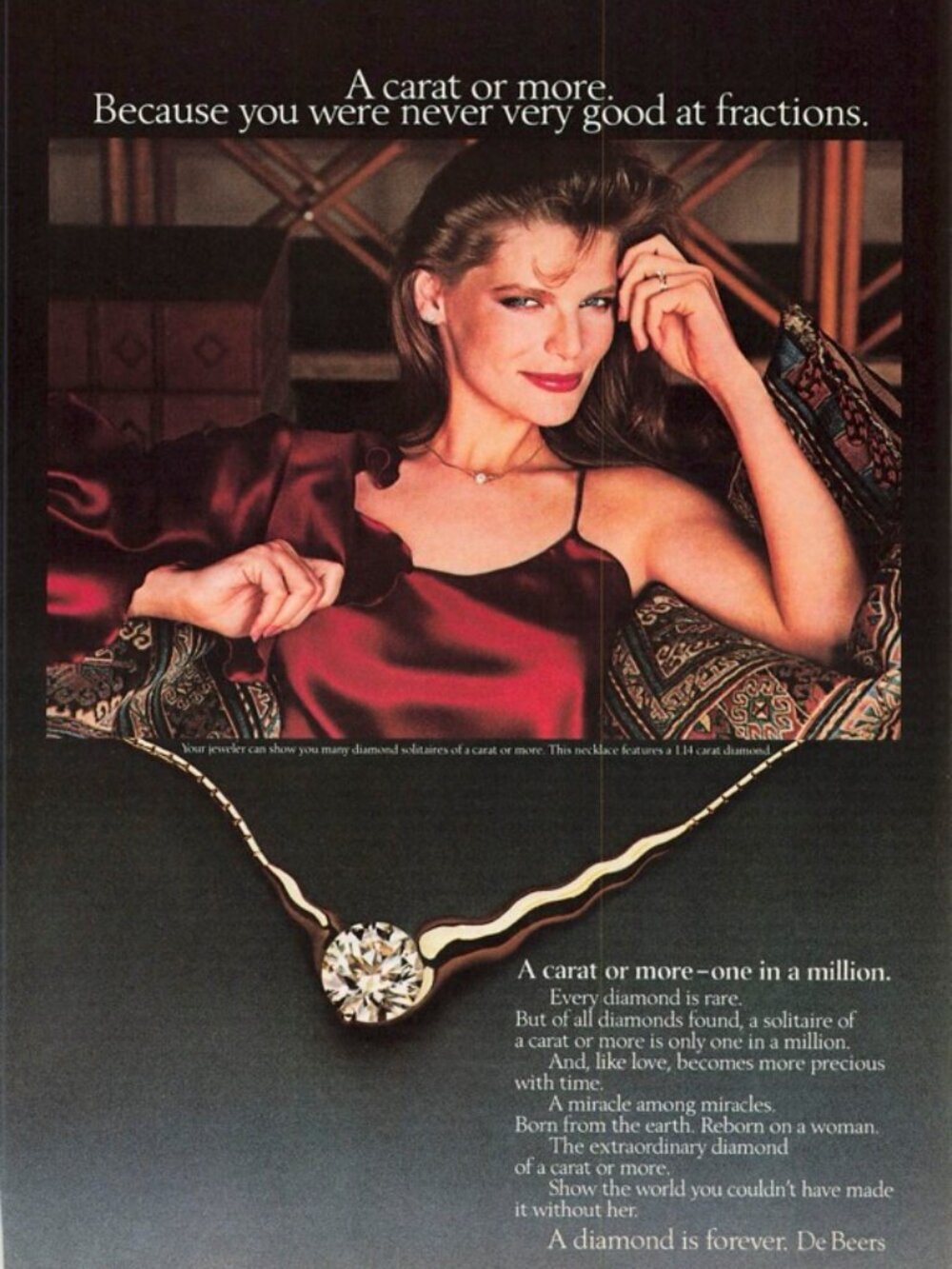 1983 De Beers Diamonds Vintage Print Ad Carat or More Diamond Solitaire Necklace